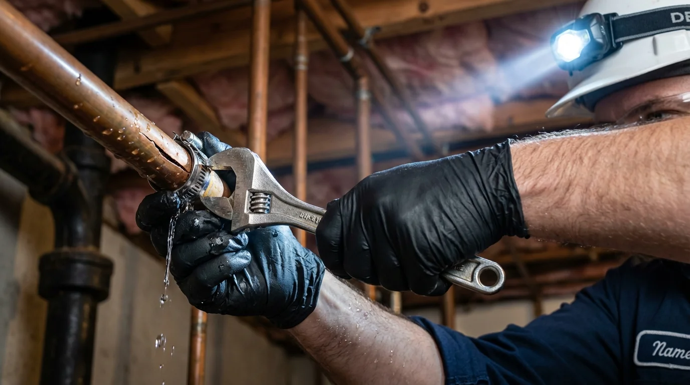 Emergency pipe clamp repair being performed by a Johns Plumbing LLC plumber in Salt Lake City