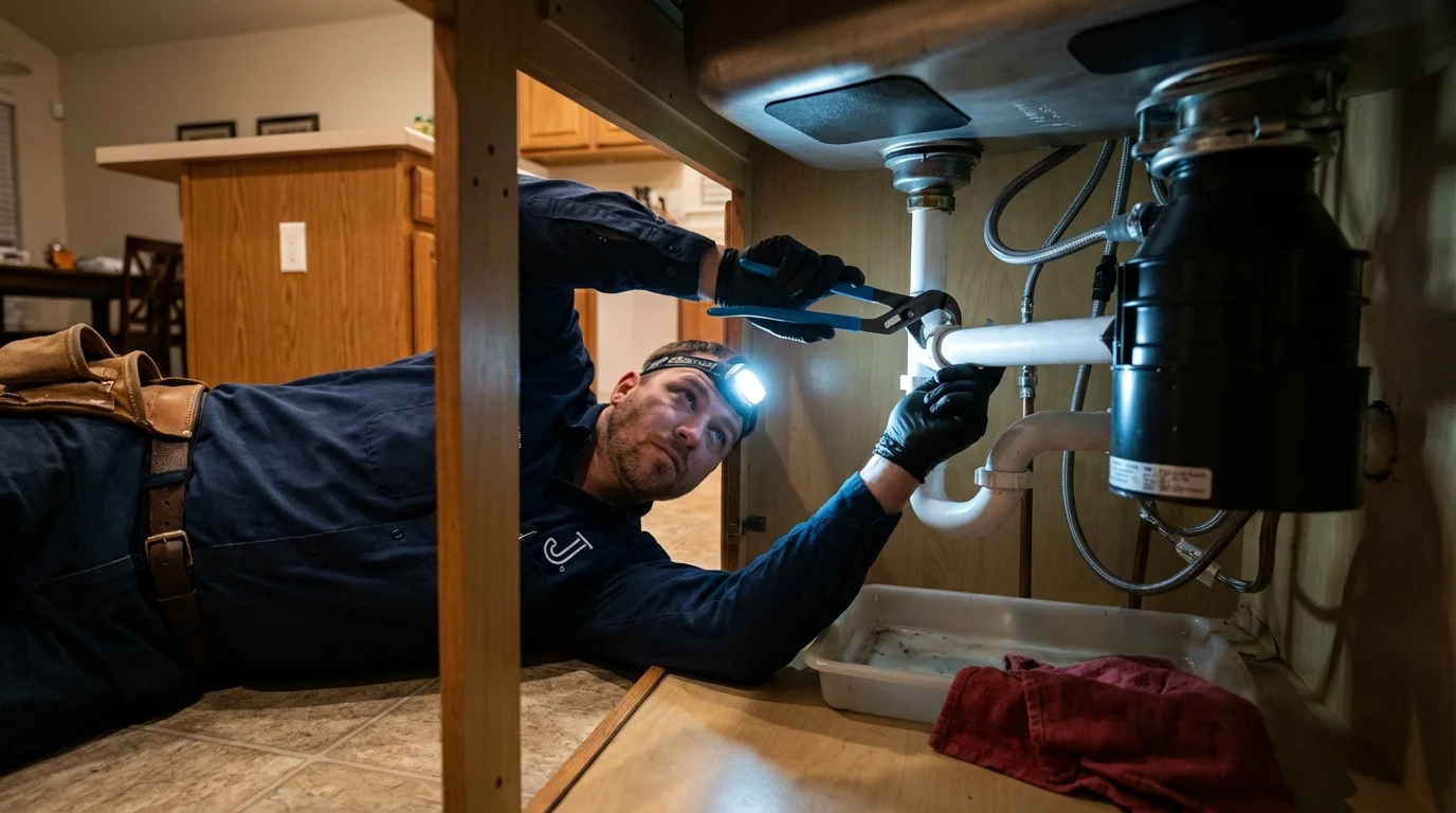 P-trap and supply line connections under a kitchen sink showing a common leak point in Salt Lake City, UT
